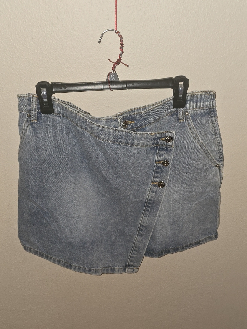 Asymmetrical Light Blue Denim Wrap Skirt with Button Detail